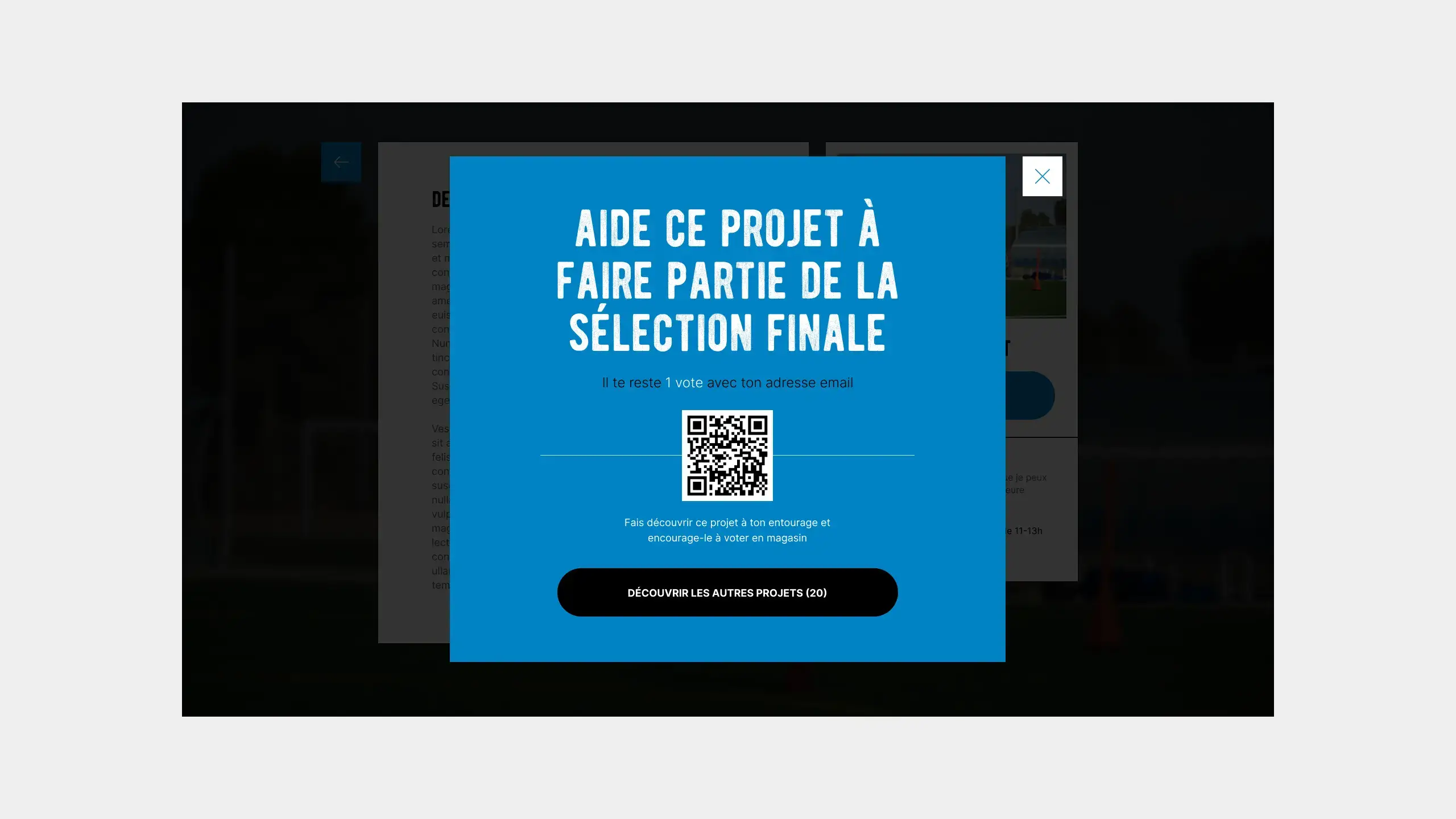 Capture d’écran du site montrant une modal