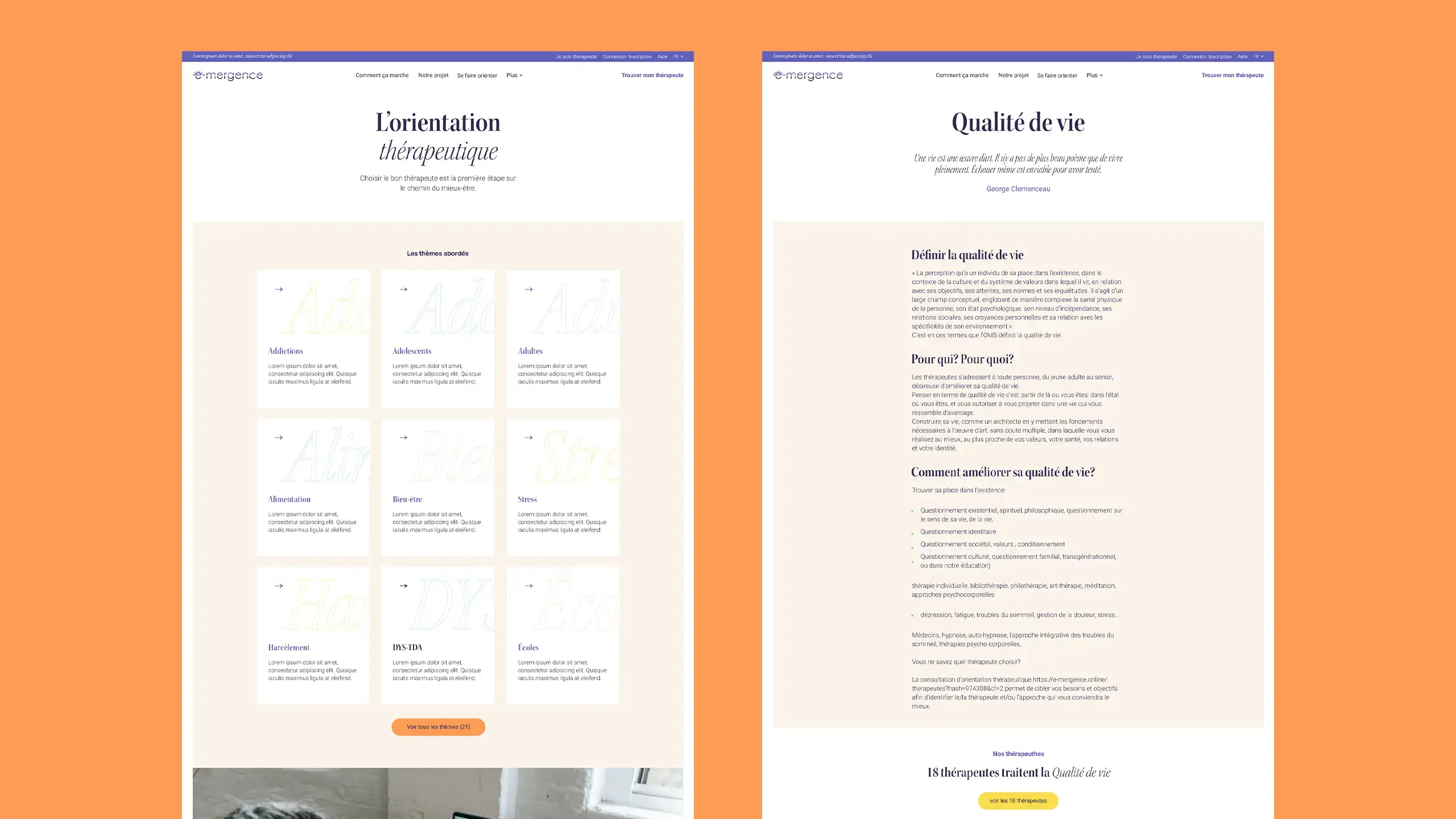 Extrait du design, montrant une page d’archive de catégories et une page de contenu