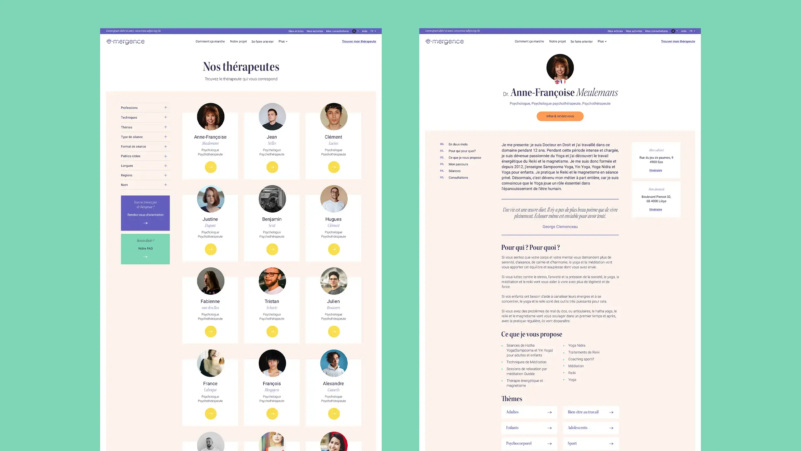 Extrait du design, montrant une page d’archive de thérapeute et une page de contenu lié à celui-ci