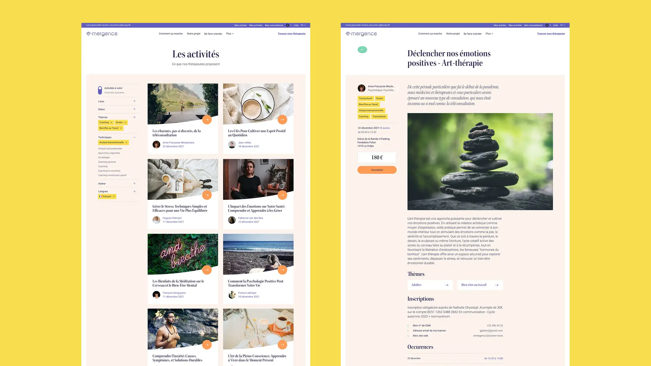 Extrait du design, montrant une page d’archive d’activités et une page de contenu lié à celle-ci
