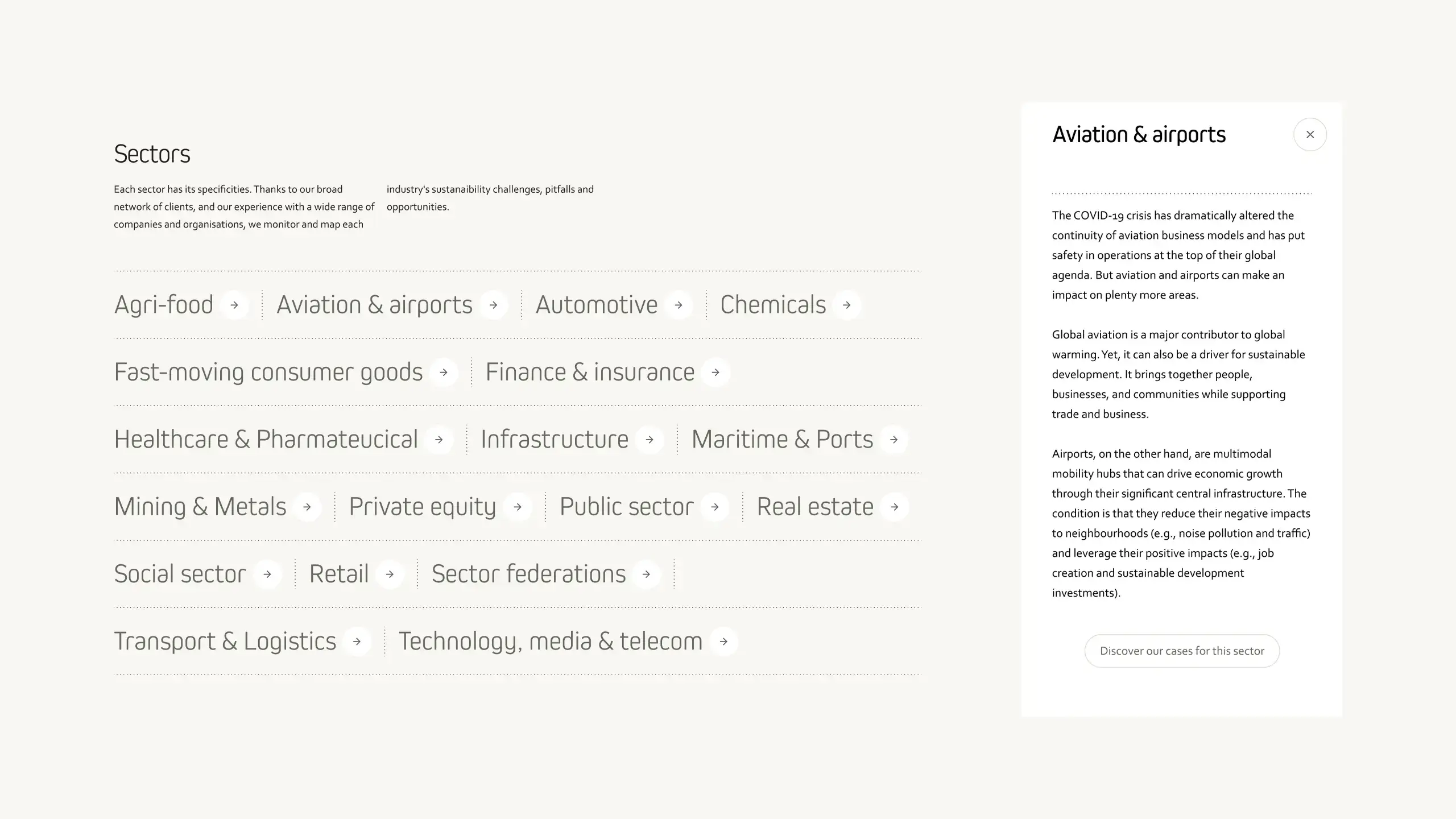 Capture d’écran du site montrant une section listant les secteurs d'activités de Sustenuto