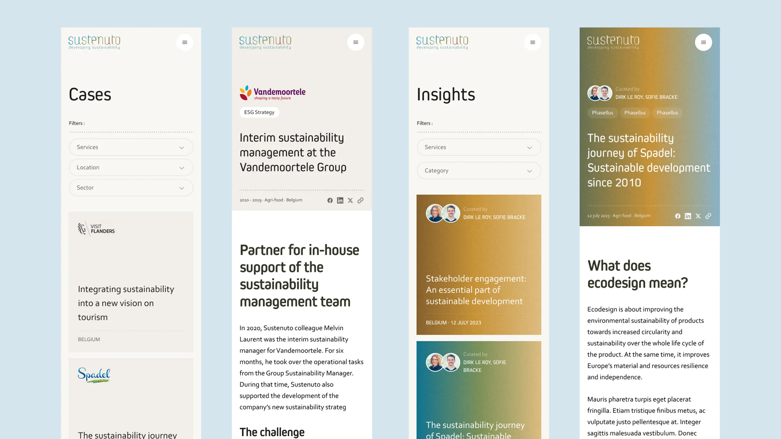 Quatre images montrant le rendu mobile de pages variées du site web de Sustenuto